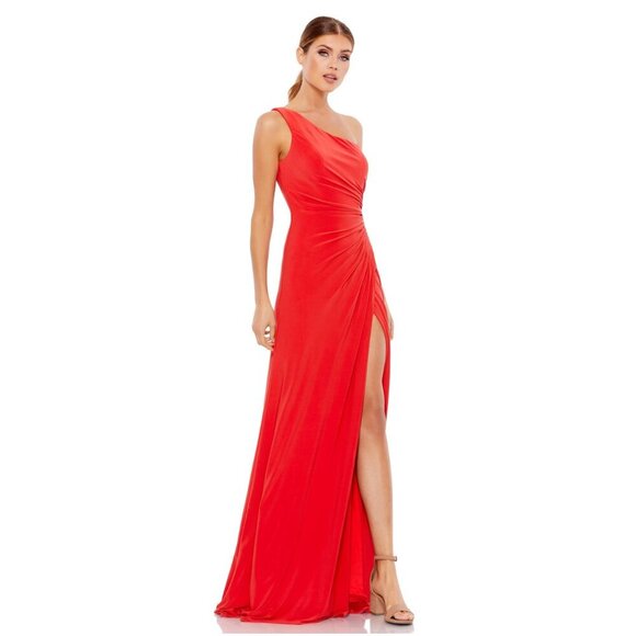 NWT Mac Duggal One Shoulder Ruched Jersey Evening Gown 4 Cherry #9672 - Picture 1 of 9
